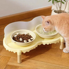 Cat drinking water from elevated pet bowl with food bowl beside, stylish cat feeding station on wooden floor