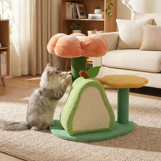 Flower-shaped cat tree with scratching post and perches, playful grey cat interacting in cozy living room
