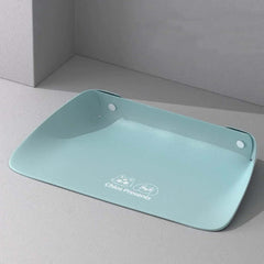 Light blue pet food mat with 'Chico's Presents' branding on a gray background