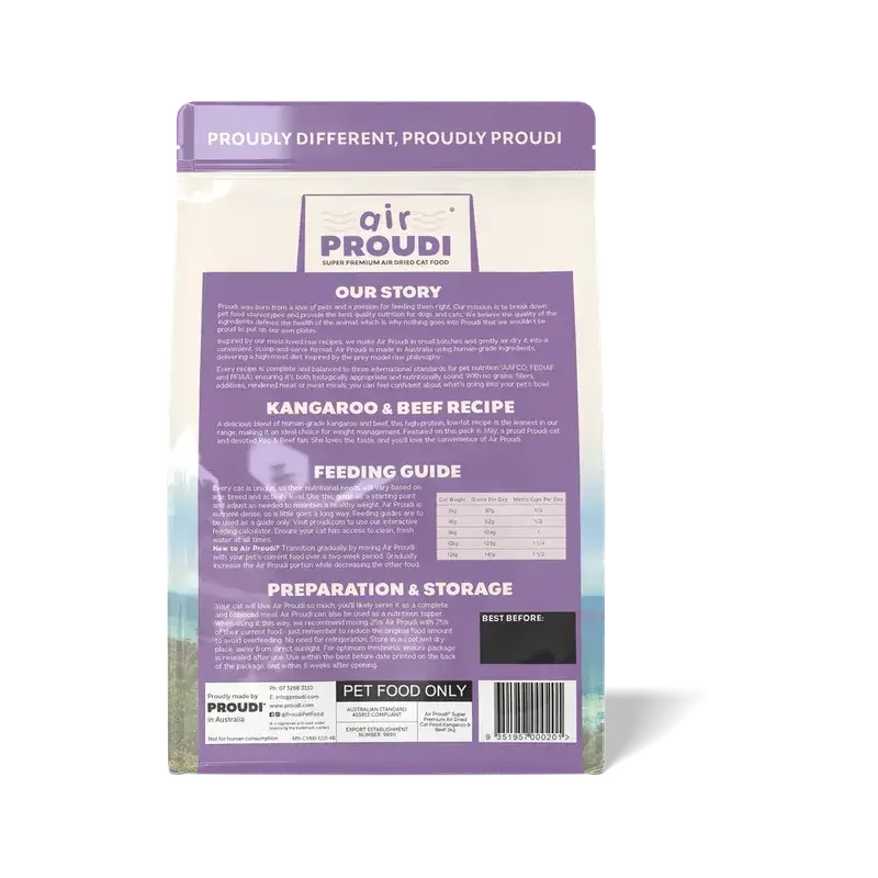 AirProudi Premium Cat Dry Food Air-dried kangaroo & Beef 1kg packaging with feeding guide and preparation details