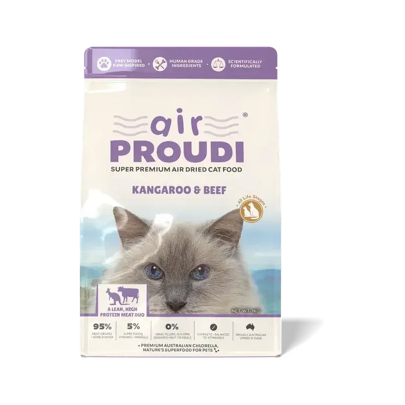 AirProudi Premium Cat Dry Food Air-dried kangaroo & Beef 1kg packaging with a cat on the front.