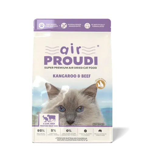 AirProudi Premium Cat Food Air-dried kangaroo & Beef 1kg packaging featuring a cat and product details.