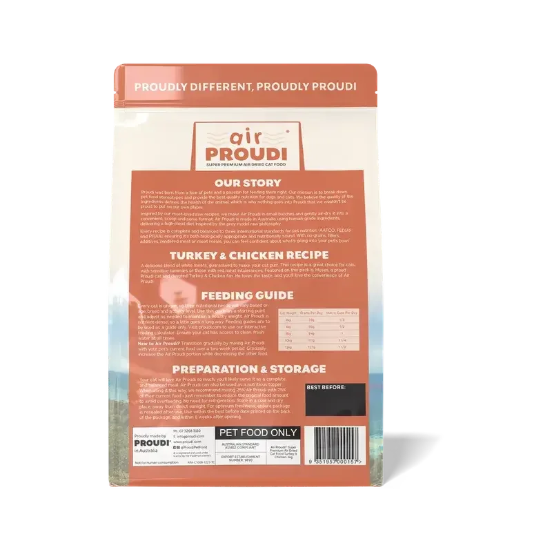 AirProudi Premium Cat Dry Food Air-Dried Turkey & Chicken 1kg back packaging with feeding guide.