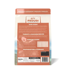 AirProudi Premium Cat Dry Food Air-Dried Turkey & Chicken 1kg back packaging with feeding guide.