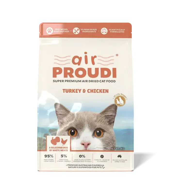 AirProudi Premium Cat Dry Food Air-Dried Turkey & Chicken 1kg package featuring a cat with turkey and chicken graphics.