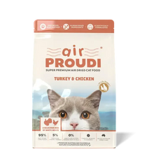 AirProudi Premium Cat Dry Food Air-Dried Turkey & Chicken 1kg package featuring a cat with turkey and chicken graphics.