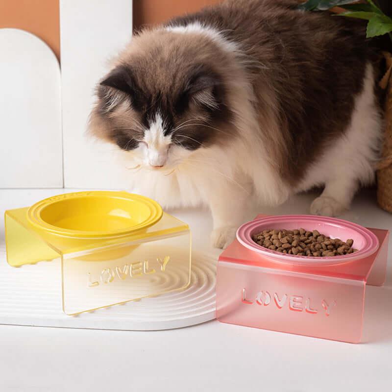 Acrylic Elevated Pet Bowl – Raised Cat & Dog Feeder Stand (Yellow, Pink, Sky Blue)-Petroom
