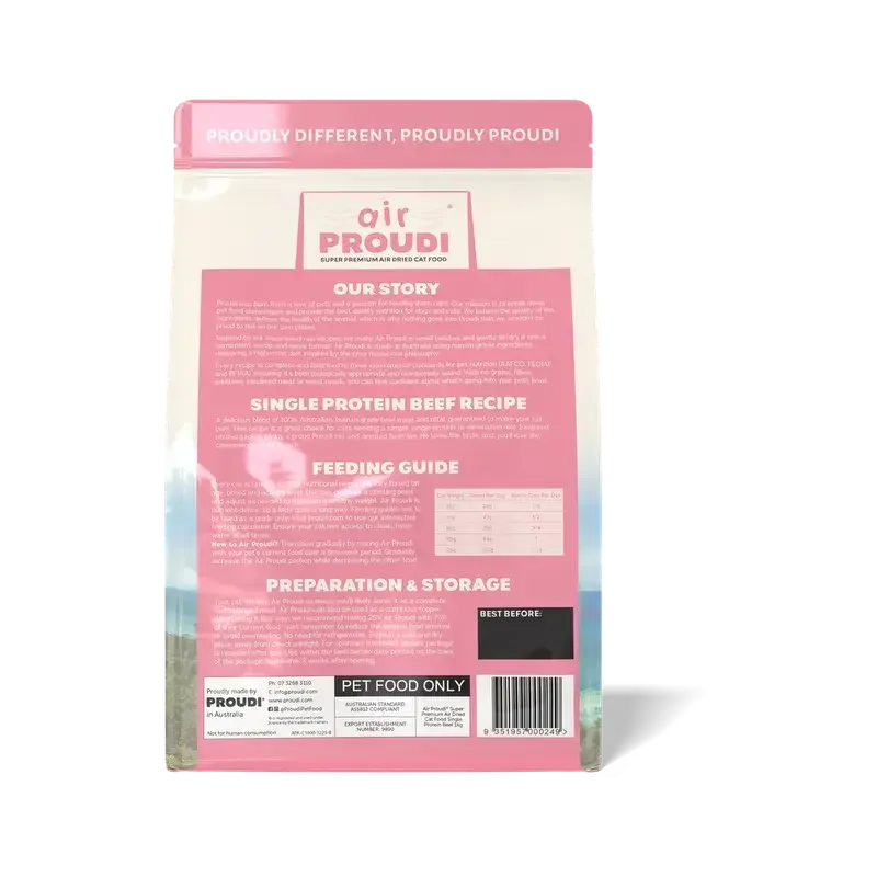 AirProudi Premium Cat Dry Food Air-dried Beef 1kg package back view showing feeding guide and preparation instructions.