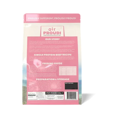 AirProudi Premium Cat Dry Food Air-dried Beef 1kg package back view showing feeding guide and preparation instructions.