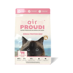 AirProudi Premium Cat Dry Food Air-dried Beef 1kg packaging with a cat and nature background.