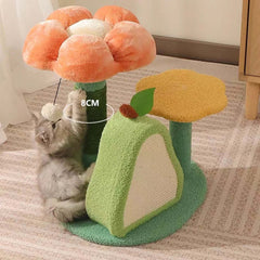 Floral cat tree with scratching posts, plush flower platforms, and playful kitten climbing and batting at toy.