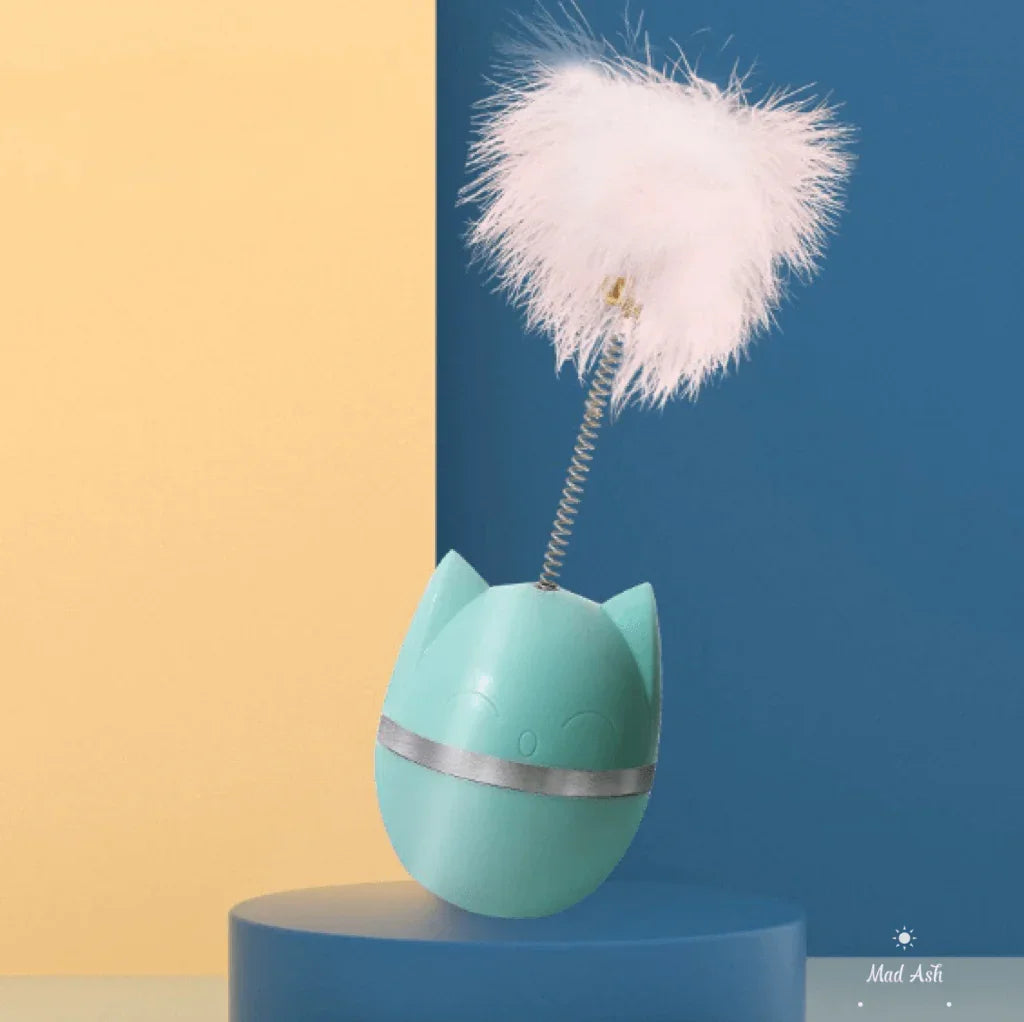 Cute cat-shaped feather wand toy for interactive play with cats, featuring fluffy white feathers and spring base.