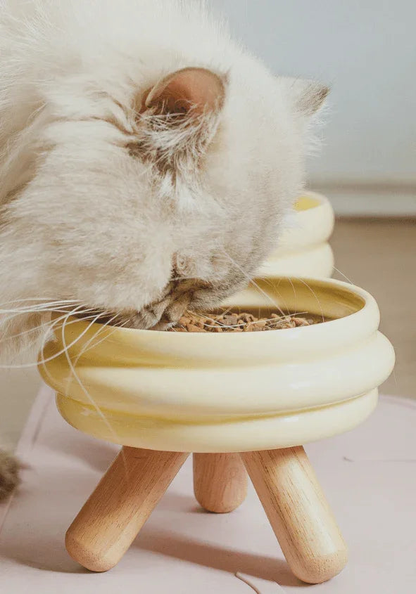 Ceramic Pet Bowls with Wood Stand Elevated Cat & Dog Feeder-Petroom