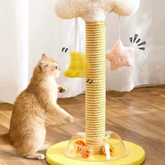 Cat playing with yellow sisal scratching post and hanging toys, ideal for indoor cats.