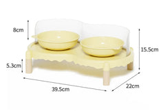 Yellow elevated pet feeder with two bowls, 39.5cm long, for cats and dogs