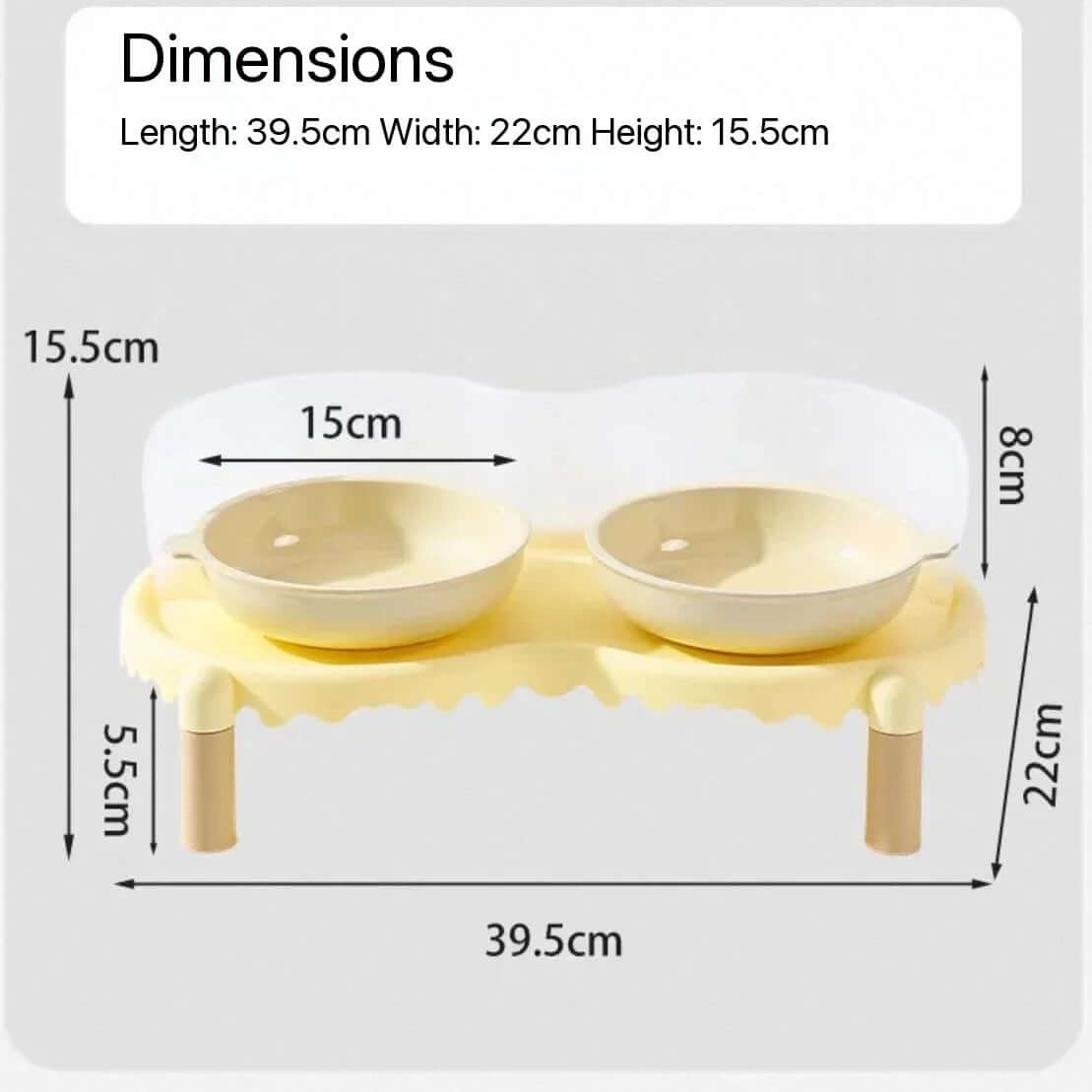 Elevated pet feeder with two bowls, 39.5cm length, ideal for cats and dogs