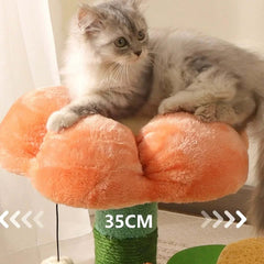 Fluffy gray cat lounging on a 35cm orange flower-shaped cat tree perch, perfect for cozy pet relaxation.