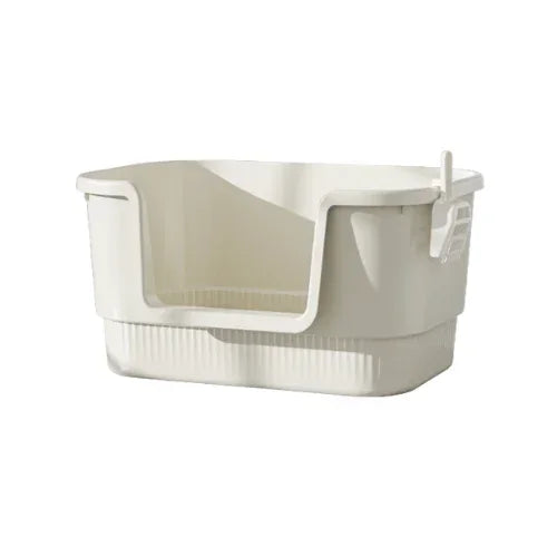 Cream cat litter box with high sides and integrated scoop holder for easy cleanup