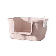 Pink high-sided cat litter box with integrated scoop holder, ideal for messy cats and odor control