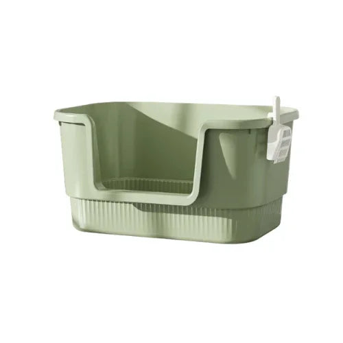 Sage green high-sided cat litter box with built-in scoop holder, ideal for mess-free pet care