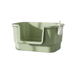 Sage green high-sided cat litter box with built-in scoop holder, ideal for mess-free pet care