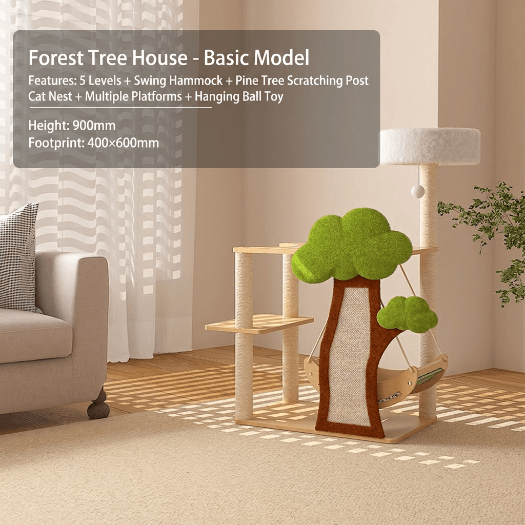Forest Tree House Cat Tree for Large Cats 5-Level Cat Climbing Tower featuring 5 levels, swing hammock and scratching post.