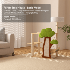 Forest Tree House Cat Tree for Large Cats 5-Level Cat Climbing Tower featuring 5 levels, swing hammock and scratching post.