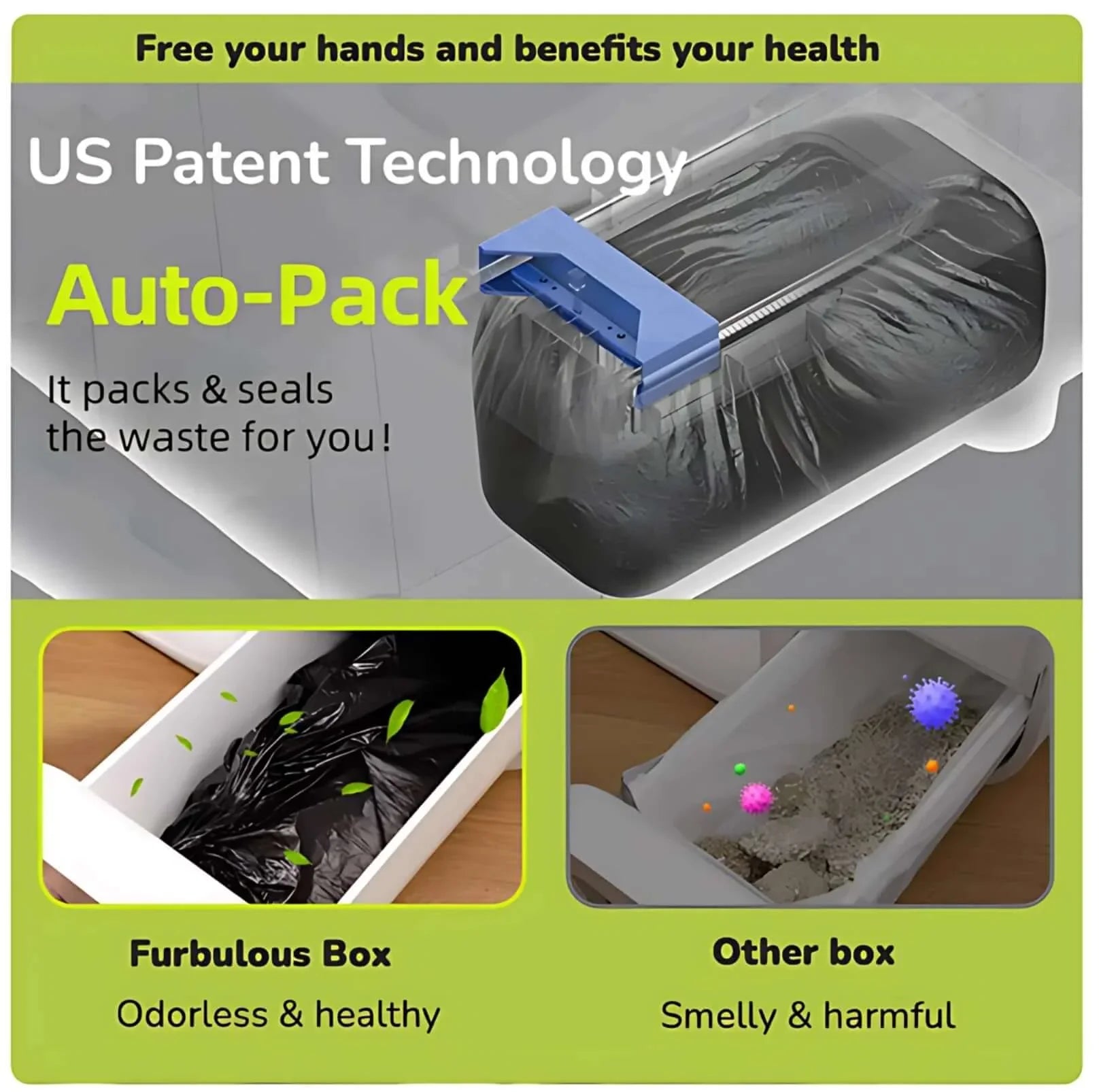 Auto-Pack cat litter box with US patent tech, seals waste odorless & healthy for pets