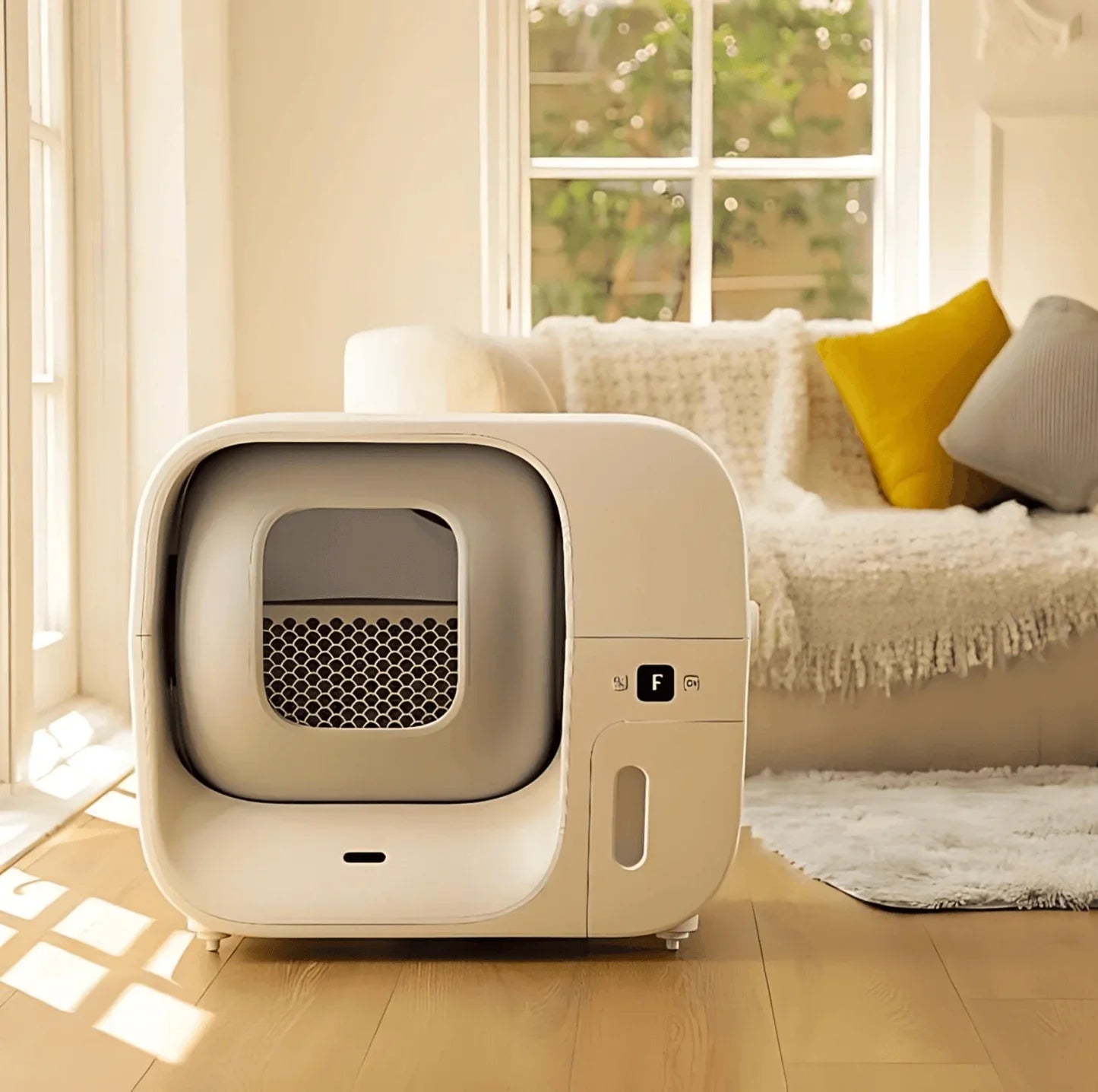 Modern self-cleaning cat litter box in cozy living room with natural light
