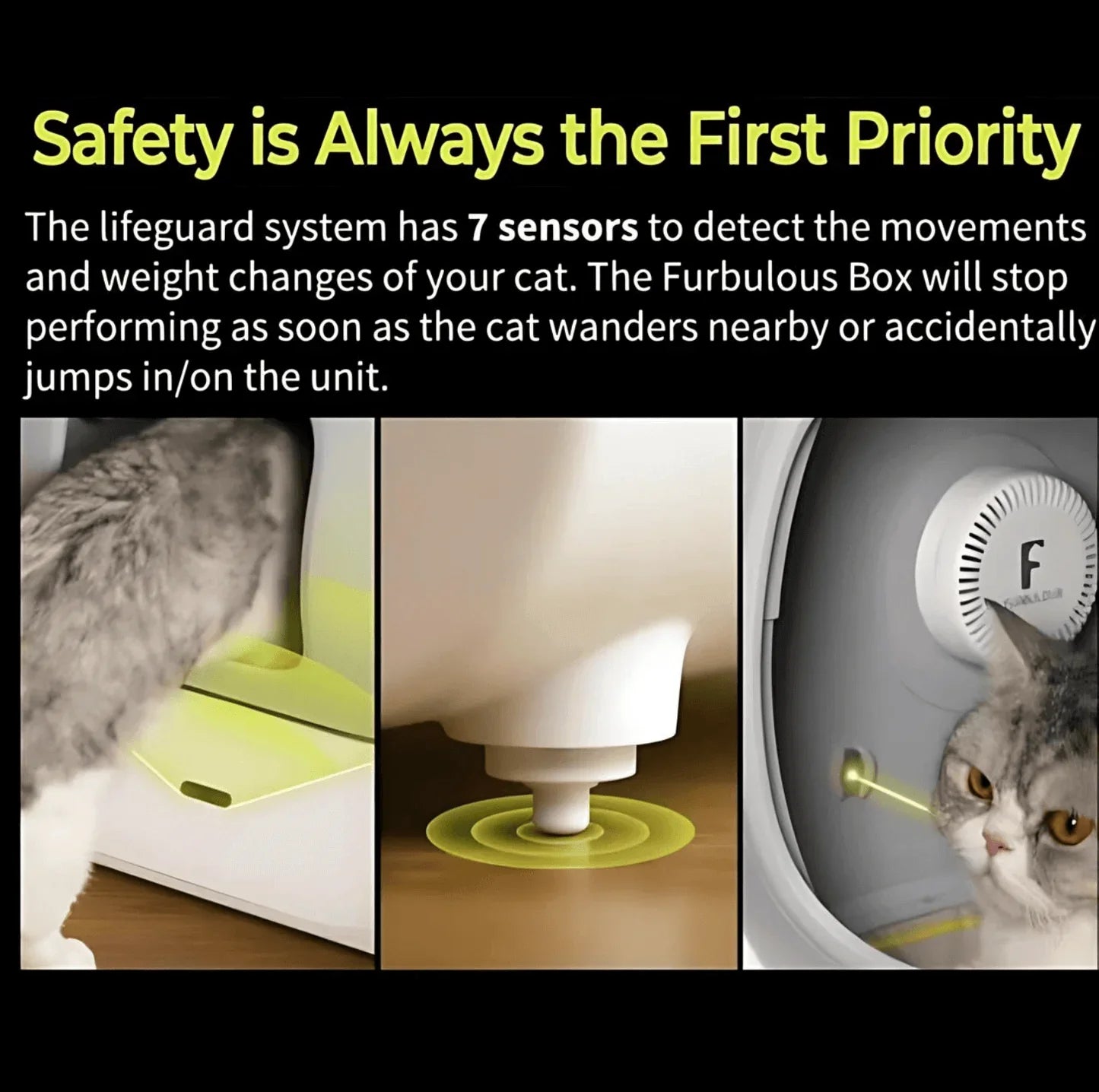 Cat using Furbulous Box with 7-sensor safety system to detect movement and weight changes for pet safety
