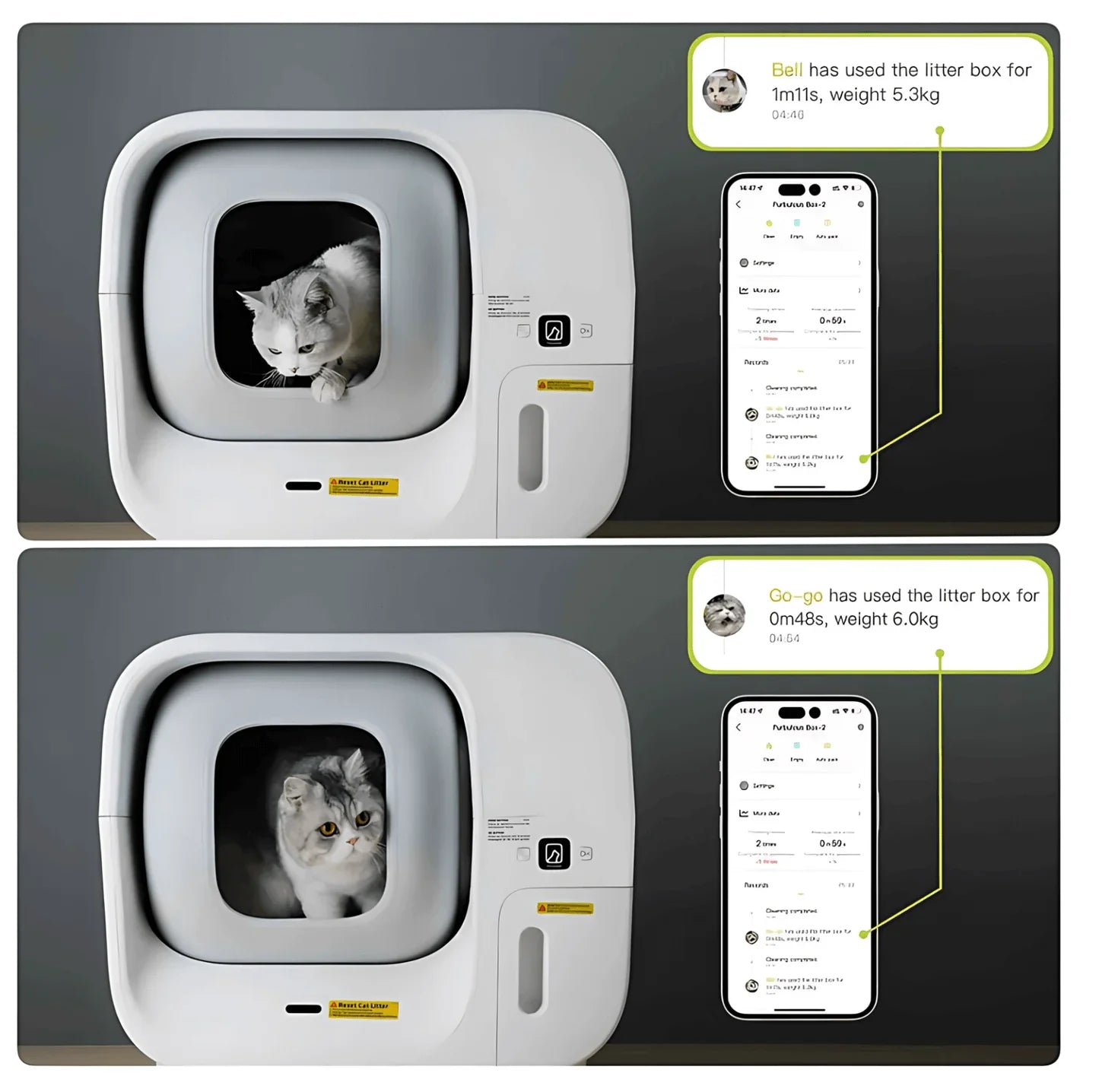 Smart self-cleaning litter box with app tracking for cats, showing usage time and weight data