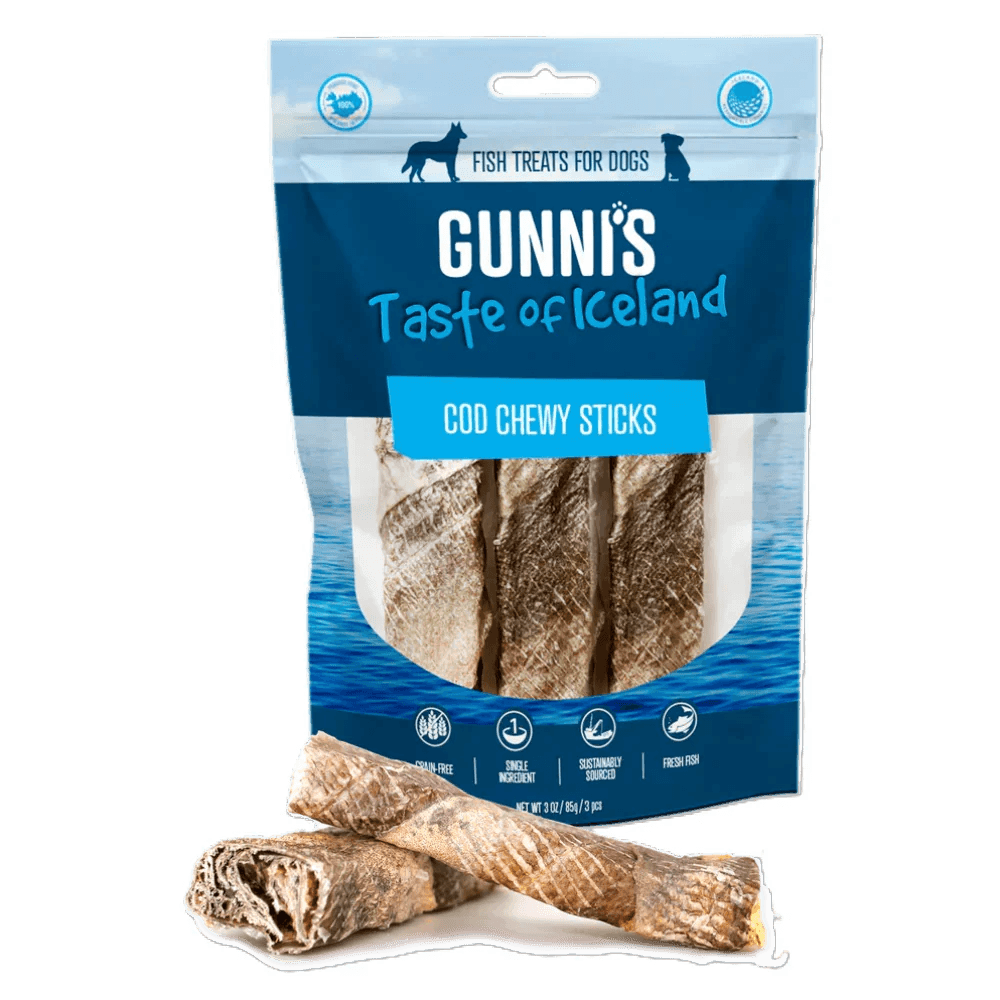 GUNNI'S Cod Chewy Sticks for Dogs (4" 3-Pack) in packaging with a scenic Icelandic background.
