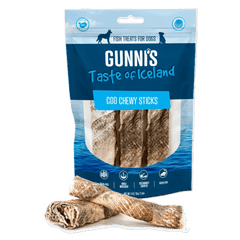 GUNNI'S Cod Chewy Sticks for Dogs (4" 3-Pack) in packaging with a scenic Icelandic background.