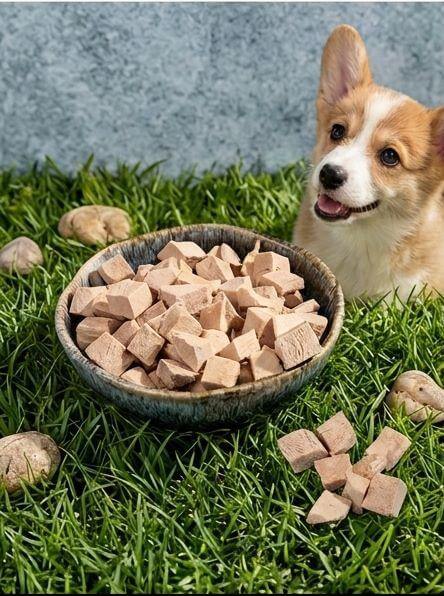 PawDry Freeze-Dried Duck Bites Pets Treats 100g in a bowl with a happy corgi dog on green grass.