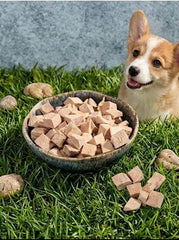 PawDry Freeze-Dried Duck Bites Pets Treats 100g in a bowl with a happy corgi dog on green grass.