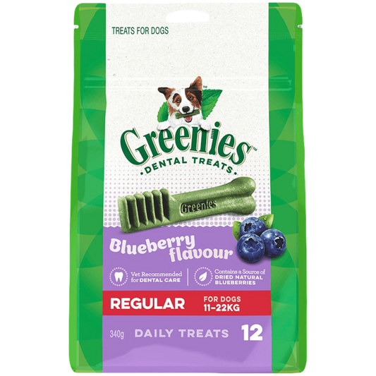 Greenies Blueberry Flavour Regular Dental Dog Treats 12 Chews package featuring dental treats with blueberry flavor.
