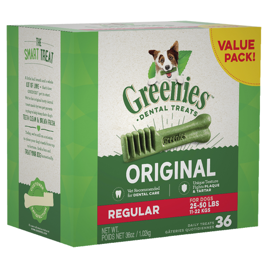 Greenies Original Regular Dental Dog Treats 36 Chews packaging showcasing dental benefits for dogs.