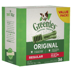 Greenies Original Regular Dental Dog Treats 36 Chews packaging showcasing dental benefits for dogs.