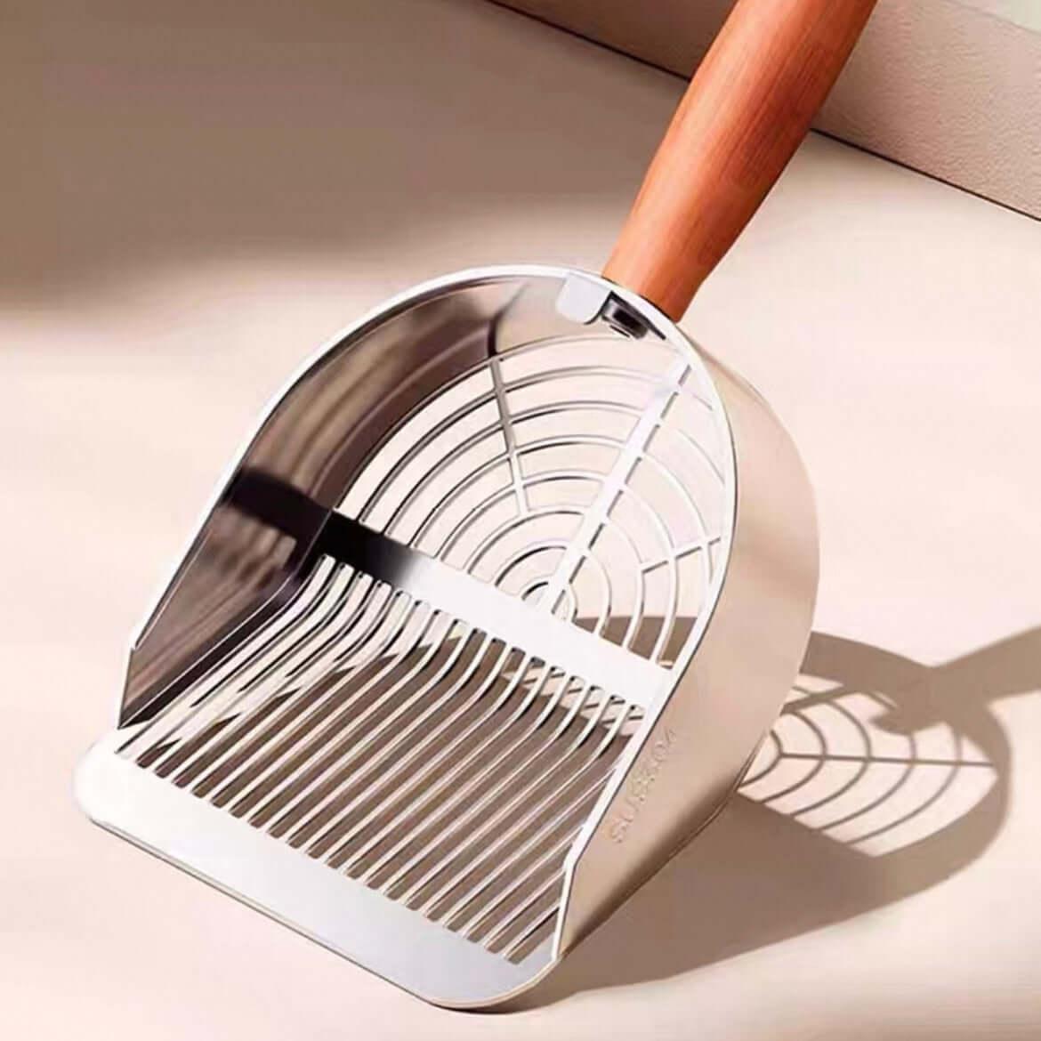 Heavy-Duty 304 Stainless Steel Cat Litter Scoop with Wooden Handle-PETROOM