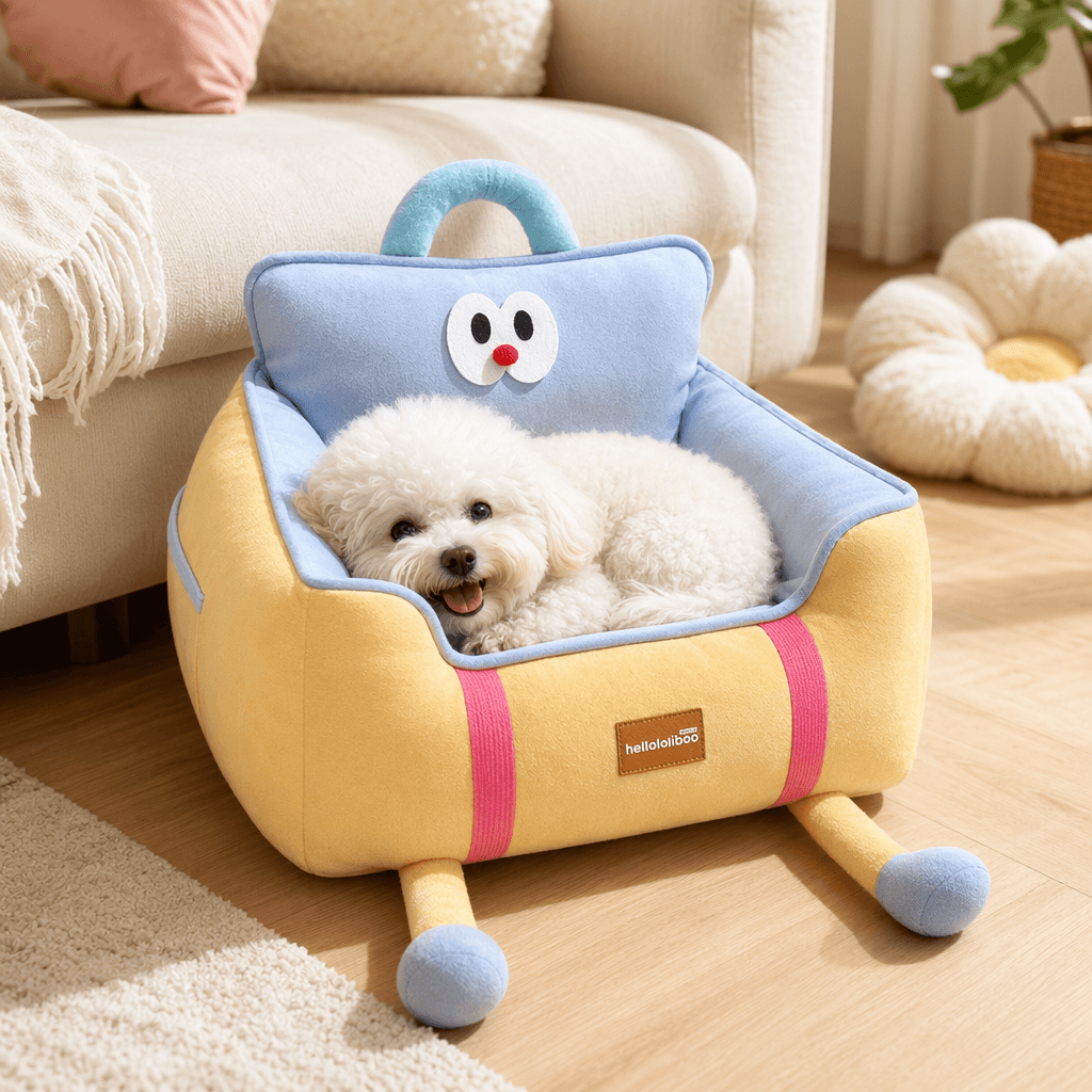 Helloleiboo Upgraded Car Pet Booster Seat-Removable & Washable For Up to 12kg featuring a cute dog in a cozy pet bed.