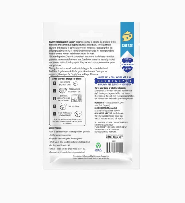 Himalayan Pet Supply cheese-flavored dog chew packaging with usage instructions and ingredients