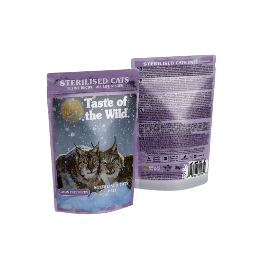 Taste of the Wild Grain-Free Indoor/Sterilized Cat Recipe - Chicken Pate 85g x 12 Pack wet cat food pouch image.