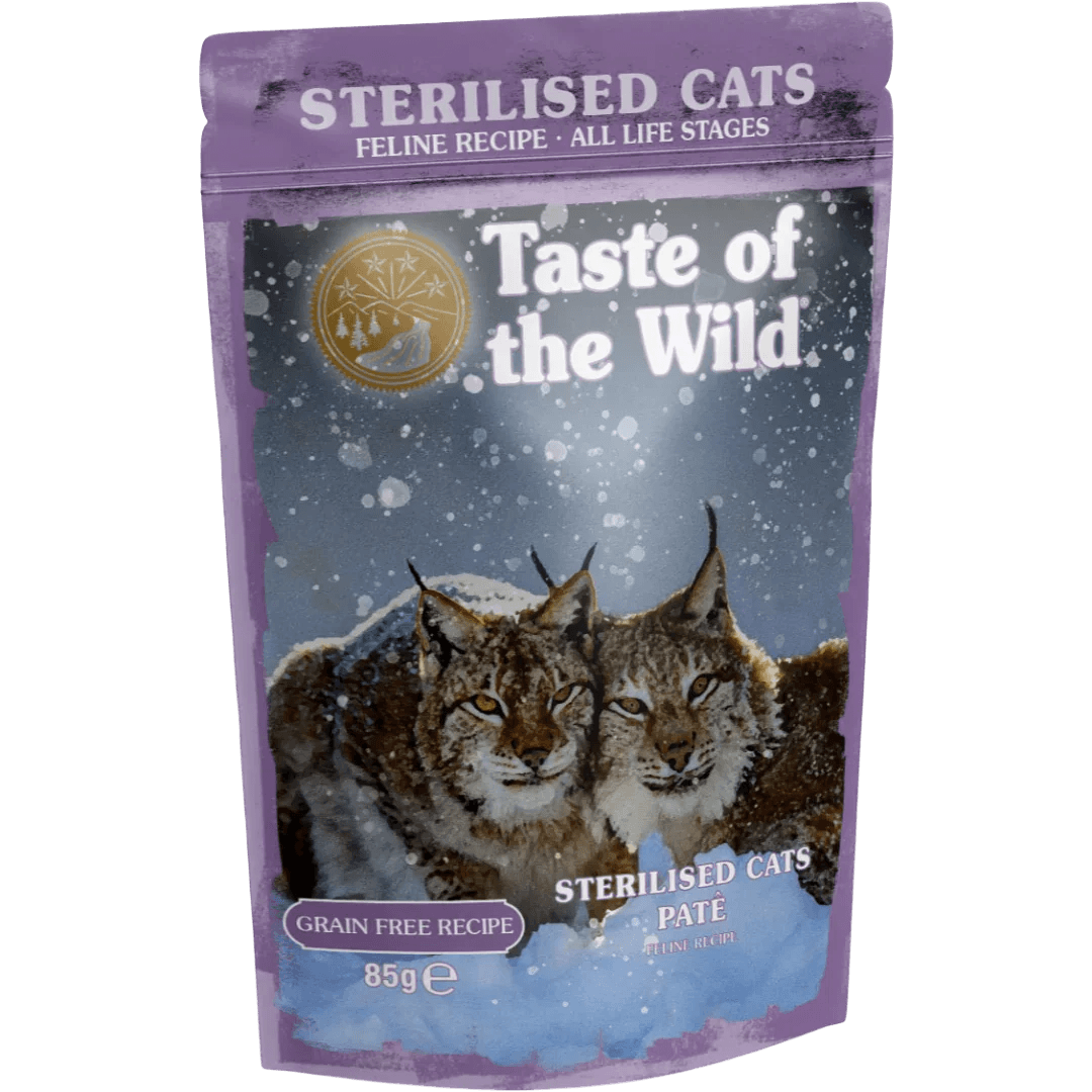 Taste of the Wild Grain-Free Indoor/Sterilized Cat Recipe - Chicken Pate 85g x 12 Pack wet cat food pouch image.