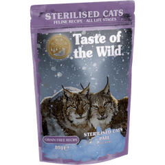 Taste of the Wild Grain-Free Indoor/Sterilized Cat Recipe - Chicken Pate 85g x 12 Pack wet cat food pouch image.