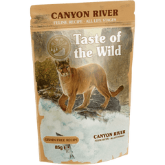 Taste of the Wild Grain-Free Canyon River Feline Recipe - Chunks in Gravy 85g x 12 Pack packaging with cat on it.