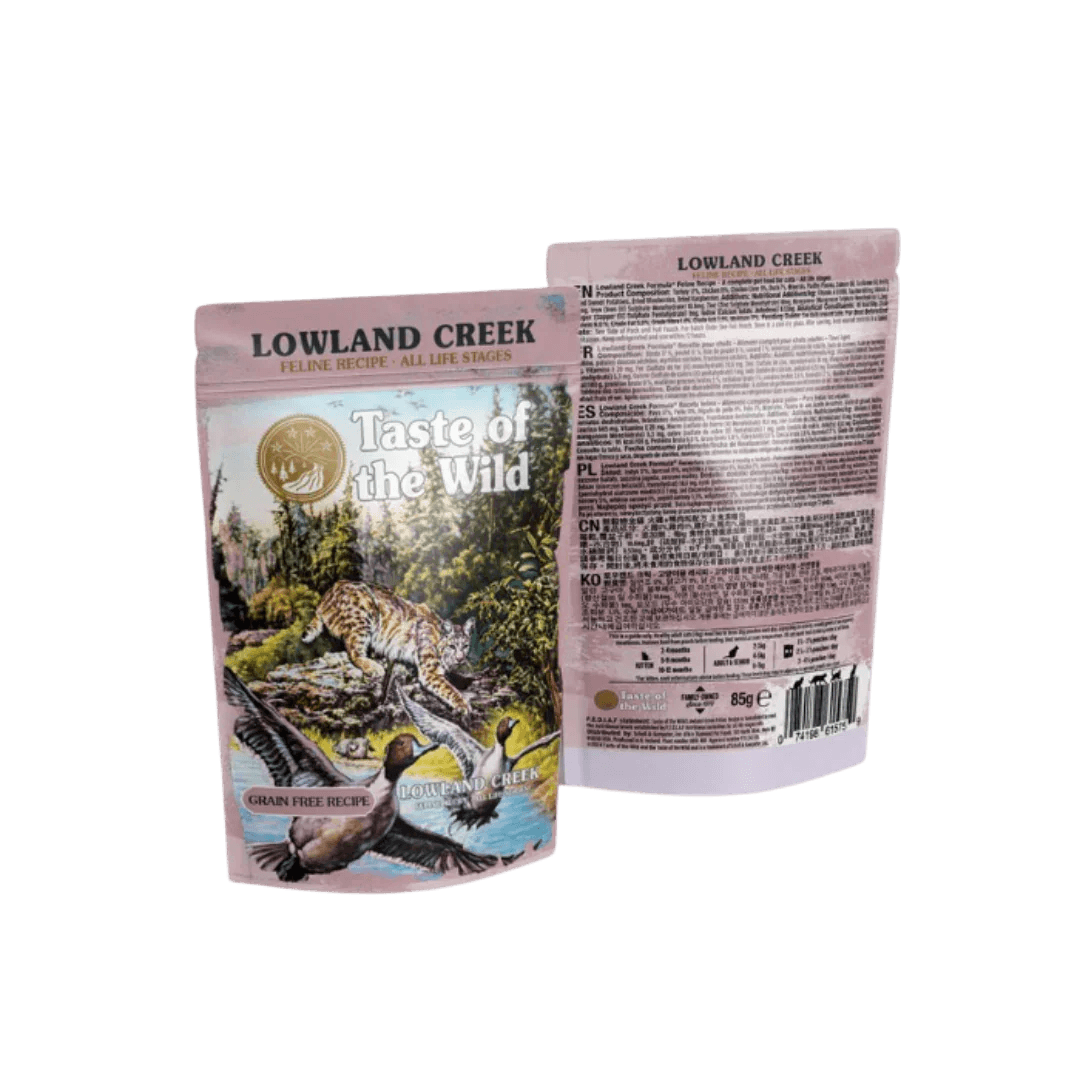 Taste of the Wild Grain-Free Lowland Creek Feline Recipe - Chunks in Gravy 85g x 12 Pack - Cat food packaging