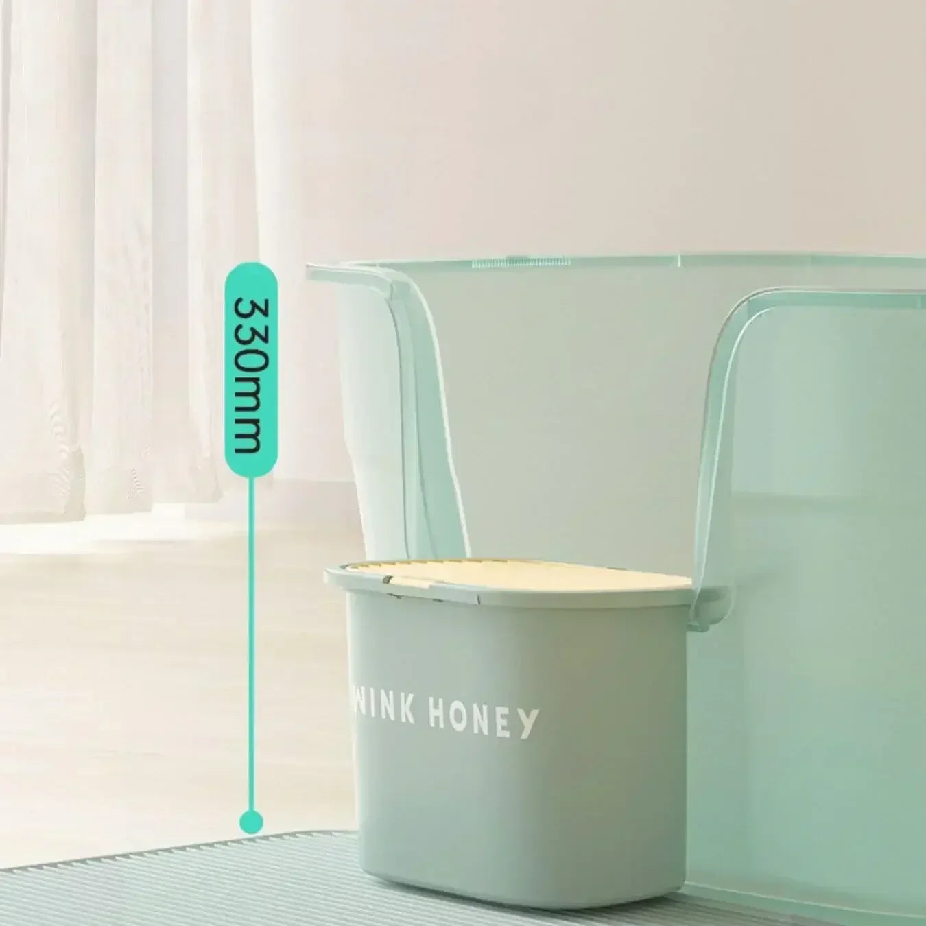 Mint green pet litter box with 330mm height, featuring 'WINK HONEY' text, ideal for cats and dogs.
