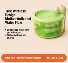 AIWO Cordless Pet Water Fountain – Bear Series Gen 2 displaying motion-activated water flow features.