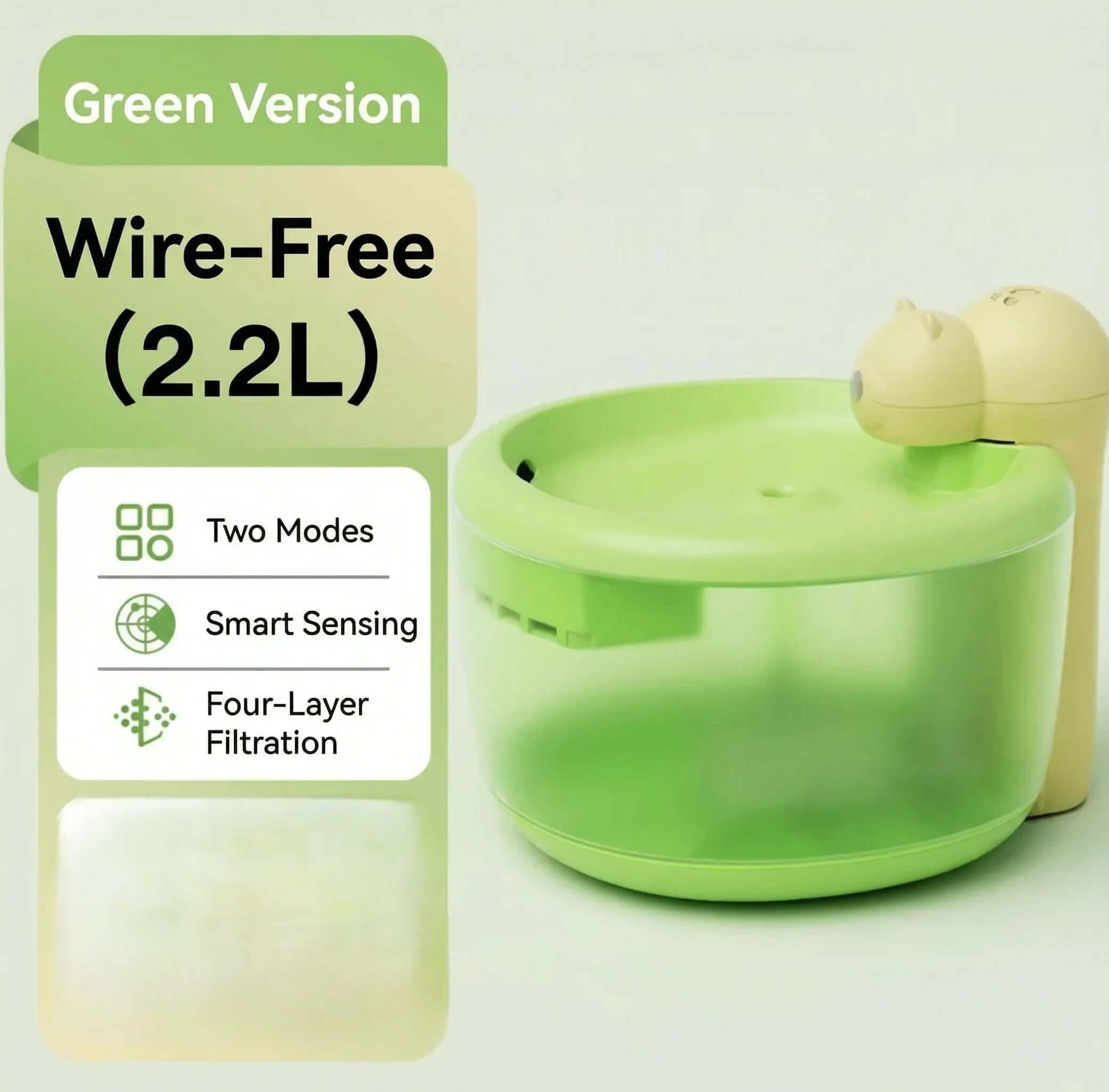 AIWO Cordless Pet Water Fountain – Bear Series Gen 2 in green, featuring wire-free design and smart sensing technology.