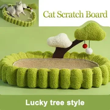 Lucky tree style cat scratch board with green plush border and hanging toys for cats